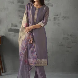 Anouk Floral Yoke Design Regular Thread Work Straight Kurta with Trousers & Dupatta-picture-35