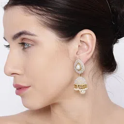 Shining Diva White & Gold-Toned Dome Shaped Jhumkas image 3