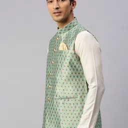 Manyavar Men Sea Green & Gold-Toned Woven Design Nehru Jacket image 4
