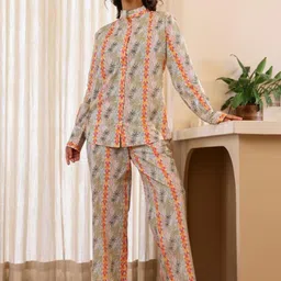 FLAVIA CREATION Floral Printed Mandarin Collar Pure Cotton Shirt & Trousers-picture-42