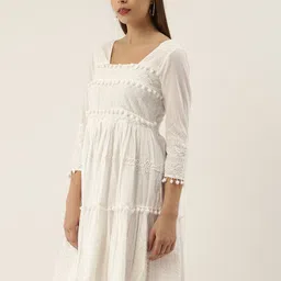 Saanjh Women White Embroidered Tiered Fit and Flare Dress With Pom Pom Detailing image 5