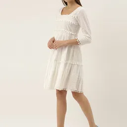 Saanjh Women White Embroidered Tiered Fit and Flare Dress With Pom Pom Detailing image 4