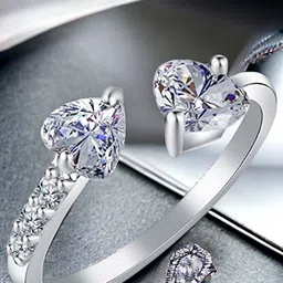 Okos Rhodium-Plated Cubic Zirconia-Studded Double Heart Band Adjustable Finger Ring-picture-19