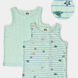Mi Arcus 100% Cotton Pack Of 2 Sleeveless Sea Life Theme Printed Self Design Vests - Green-picture-45