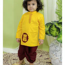 BownBee Ganesh Chaturthi Theme Full Sleeves Ganesha Embroidered Kurta & Dhoti - Yellow-picture-17