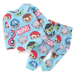 Babyhug Marvel Cotton Knit Single Jersey Full Sleeve Night Suit With Avengers Print - Blue-image-61