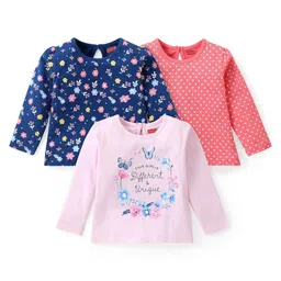 Babyhug Cotton Knit Full Sleeves Top with Text & Floral Print Pack of 3 - Multicolor-picture-12
