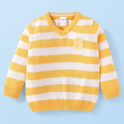 Babyhug Knitted Full Sleeve Striped Pullover Sweater with Alphabet Patch - Yellow-picture-20
