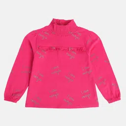 MINI KLUB Cotton Full Puffed Sleeves Shimmered Typography Printed Top - Pink-picture-27