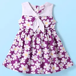 Babyhug Rayon Sleeveless Frock with Floral Print & Knot Detailing - Purple-image-20