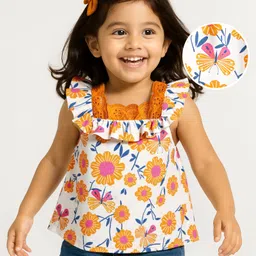 Babyhug Rayon Woven Frill Sleeves Floral Printed Top with Chifilli Detailing - White-picture-12