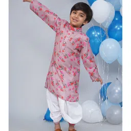 Little Bansi Muslin Woven Full Sleeves Leaves Printed Kurta Dhoti - Dusky Rose-picture-14