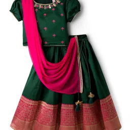 Babyhug Woven Half Puffed Sleeves Choli Lehenga & Dupatta Set with Floral Embroidery - Dark Green-picture-31