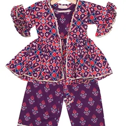 AATYA KIIDS Cotton Woven Half Bell Sleeves Floral Printed Crop Top & Coordinating Pant With Jacket Set - Purple-picture-12