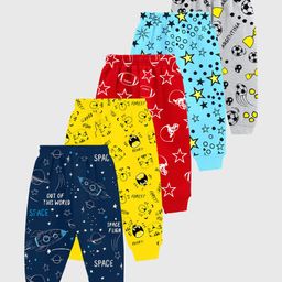 KUCHIPOO Cotton Blend Knit Pack Of 5 Sports & Space Theme Printed Track Pants - Red Yellow Grey Aqua & Navy Blue-picture-18