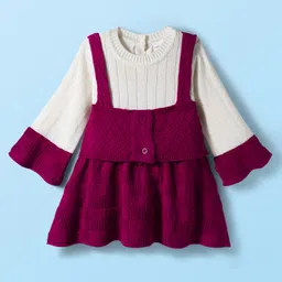 Babyhug Knit Full Sleeves Woollen Dress with Cable Knit Design - Wine & White-picture-12