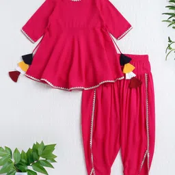 The Magic Wand Rayon Woven Three Fourth Sleeves Gota Lace Embellished Anarkali Kurti & Dhoti Set - Fuchsia-image-61