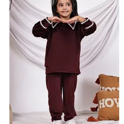 NEUDIS Velvet Knit Full Sleeves Lace Detailed Top & Trouser Set - Wine-picture-23