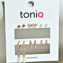 ToniQ Set of 6 Gold-Toned Elegant Mixed Stud & Hoop Earrings with Pearls and Stones-picture-19
