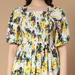 ZWERLON Floral Print Puff Sleeve A-Line Midi Dress image 4