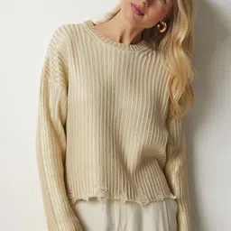 Happiness istanbul Women Striped Ribbed Pullover With Fuzzy Detail-picture-31