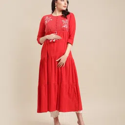Bella Mama 3/4th Sleeves Embroidered Yoke Maternity Kurta - Coral-picture-26