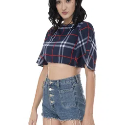 Absorbing Checked Flutter Sleeve Crepe Crop Top image 4