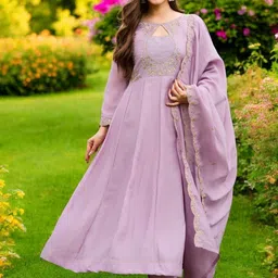 FIDHARA Ethnic Motifs Embroidered Pure Silk Anarkali Kurta With Trousers & Dupatta image 2