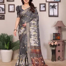 Ambuja International Ethnic Motifs Printed Zari Saree With Blouse Piece-image-83