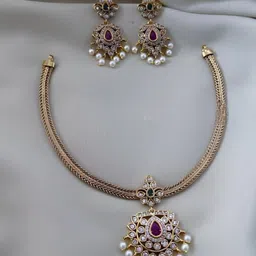 K C JEWELZ Gold-Plated American Diamond Studded & Beaded Jewellery Set image 1