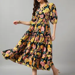 Raiyani Fashion Women Floral Printed Smocked Tiered A-Line Midi Dress-image-24