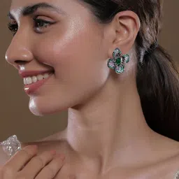 Rubans Rhodium-Plated Emerald & Lavender Cubic Zirconia Studded Black-Tone Floral Studs image 2
