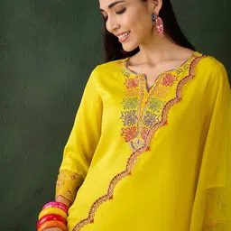 Sangria Women Embroidered Three Quarter Sleeves Kurta & Trousers With Dupatta image 3