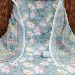 BlissFlair Floral Printed Thread Work Organza Unstitched Dress Material image 2