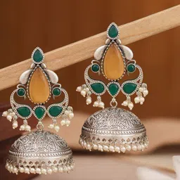 KRISHAZ Silver Plated Artificial Stones Studded And Beaded Oxidised Dome Shaped Jhumkas-picture-18