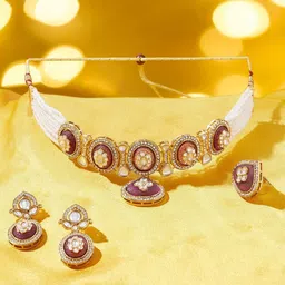 Zaveri Pearls Gold-Plated Austrian Diamond-Studded & Pearls Beaded Choker Jewellery Set-picture-32