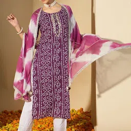 HERE&NOW Women Printed Regular Thread Work Pure Cotton Kurta with Trousers & With Dupatta-picture-40