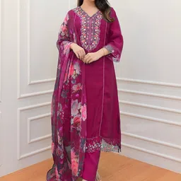 WAZIX Clothing Floral Embroidered V-Neck Straight Kurta With Trousers And Dupatta-picture-27