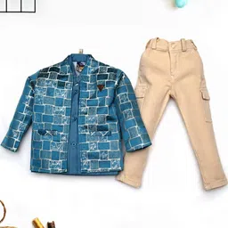 YK Boys Festive Blue Jacquard Jacket & Beige Cargo Pants Set-picture-6