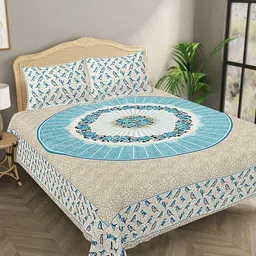 Bombay Spreads Blue & White Floral Pure Cotton 144 TC King Bedsheet with 2 Pillow Covers-image-79