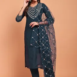 DISHWA FASHION Women Ethnic Motifs Embroidered Regular Sequinned Chanderi Silk Kurta with Trousers & With-picture-12