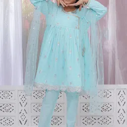 Little Bansi Girls Ethnic Motifs Embroidered Angrakha Thread Work Pure Cotton Kurta with Pyjamas & With-picture-2