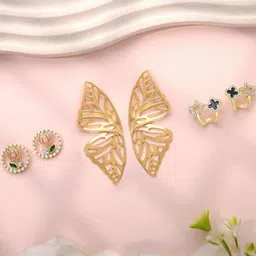 Estailo fashion Set Of 3 Gold-Plated Artificial Stones Studded & Beaded Floral Studs-picture-32