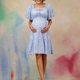 House Of Zelena Women Floral Printed Tie-Up Neck Puff Sleeve Maternity Fit & Flare Dress-picture-36