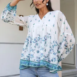 Janasya Women's White Georgette Digital Print Flared Top-picture-19