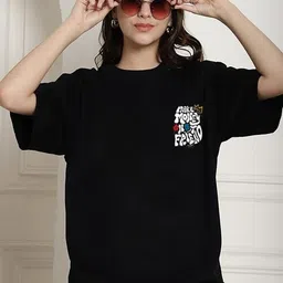 Women Graphic Print Round Neck Cotton Blend Black T-Shirt-image-3