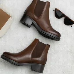 Saint G Women Brown Solid Leather Heeled Ankle Boots-picture-25