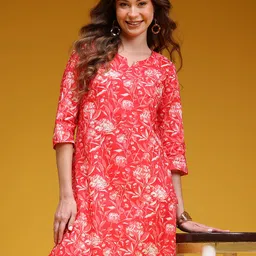 HERE&NOW Floral Printed Notched Round Neck Pure Cotton Straight Kurta image 1