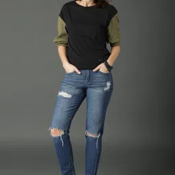 Roadster Fast and Furious Women Black & Olive Green Solid Pure Cotton Top image 2