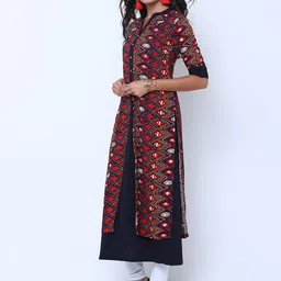 Vishudh Women Navy Blue & Red Solid A-Line Kurta image 2